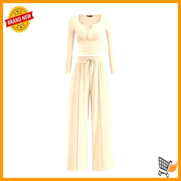 Women's Ribbed Knit Lounge Set Henley Top Wide Leg Pants Travel Outfit